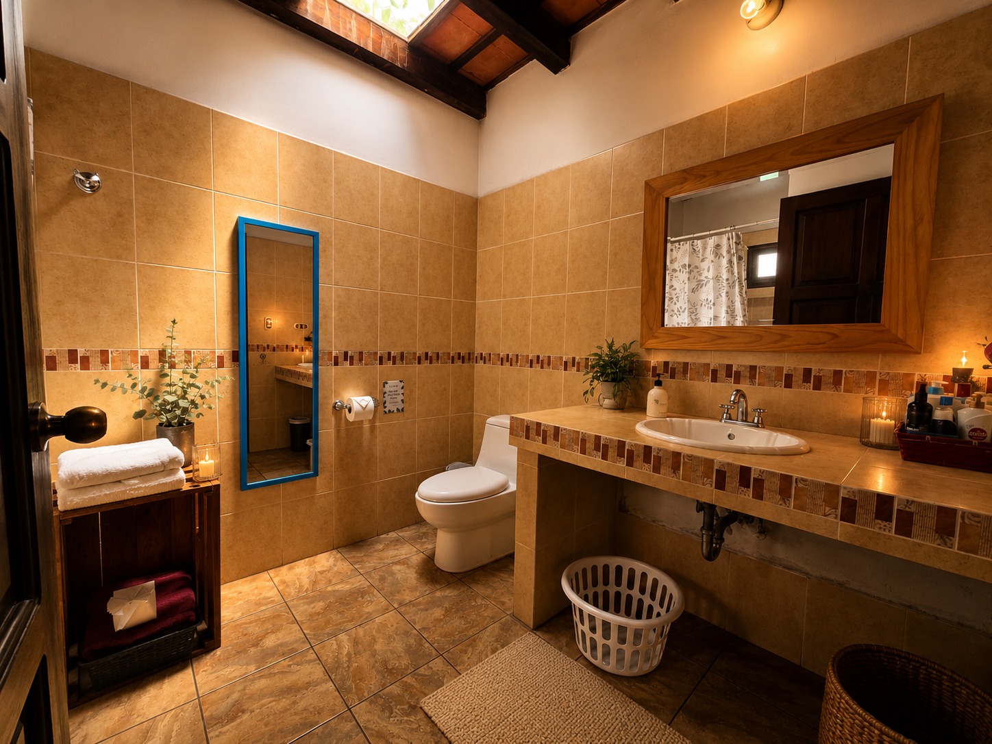 Condesa Studio’s private bathroom with a tiled vanity, large mirror, skylight, and folded towels